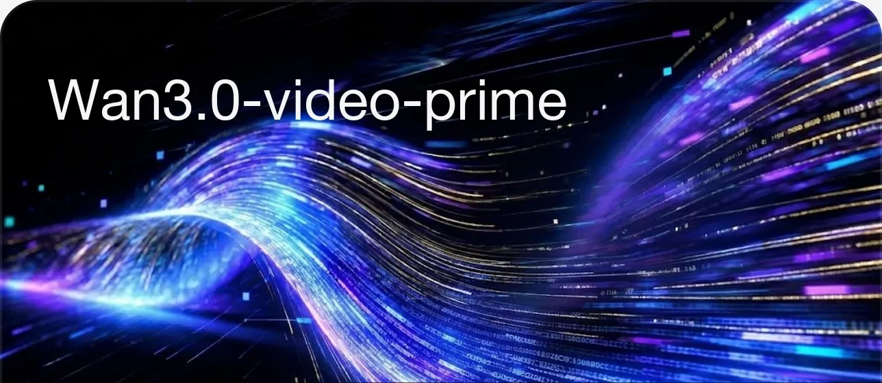 Wan3.0-video-prime key art: the wordmark over ribbons of blue and violet light streaming through the dark.